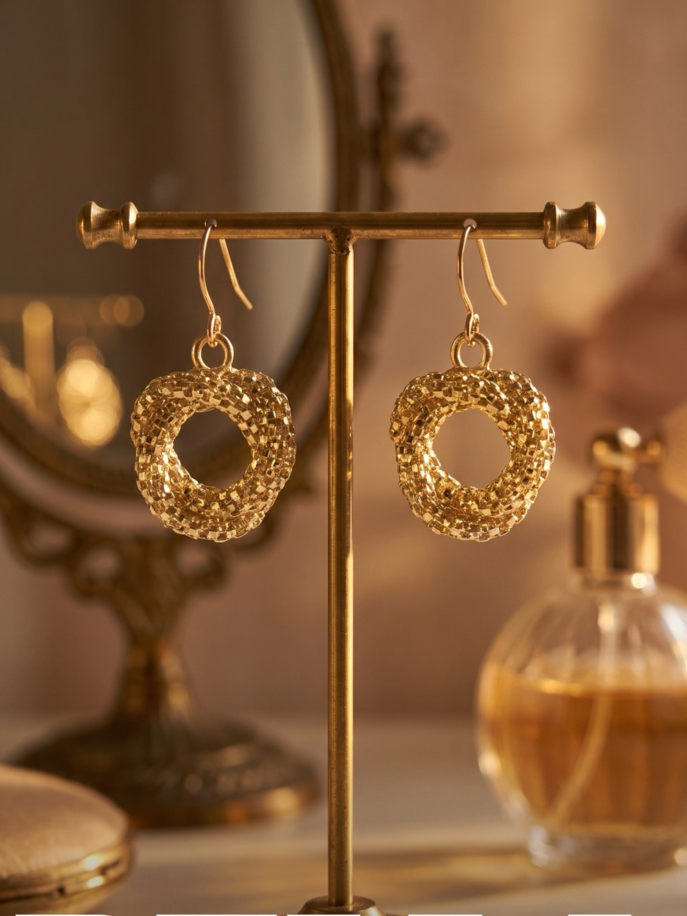 Gold tone Textured Hoop Drop Earrings - Women Jewelry